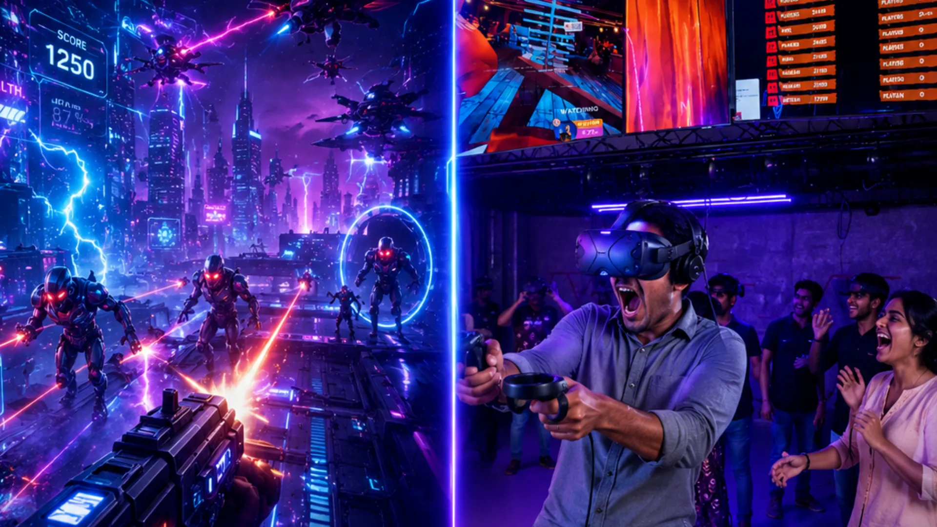 Player wearing VR headset with excited crowd watching at Game Xtreme VR Arena