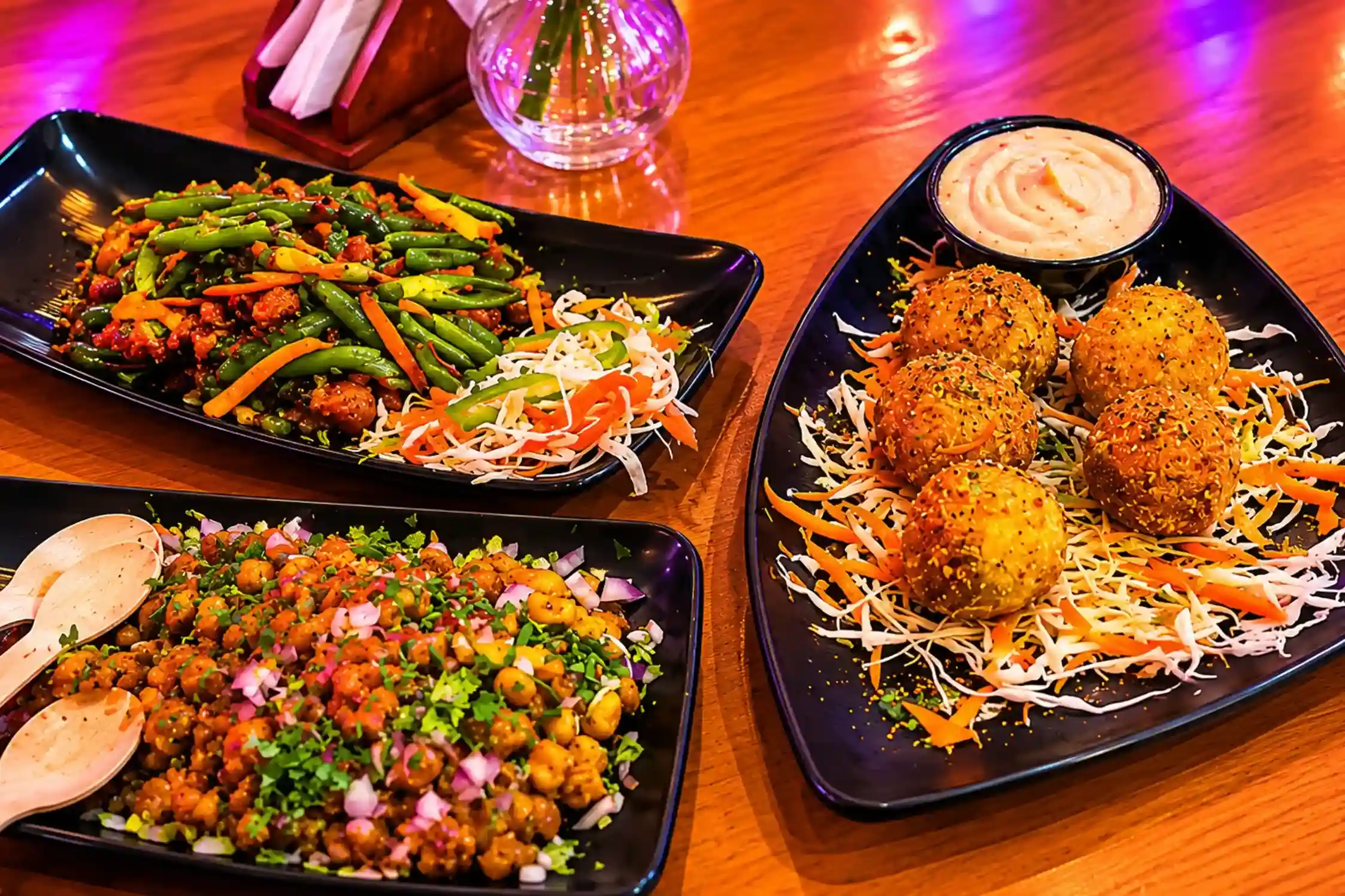 Game Xtreme food starters — stir-fry, fried cheese balls, and chaat spread