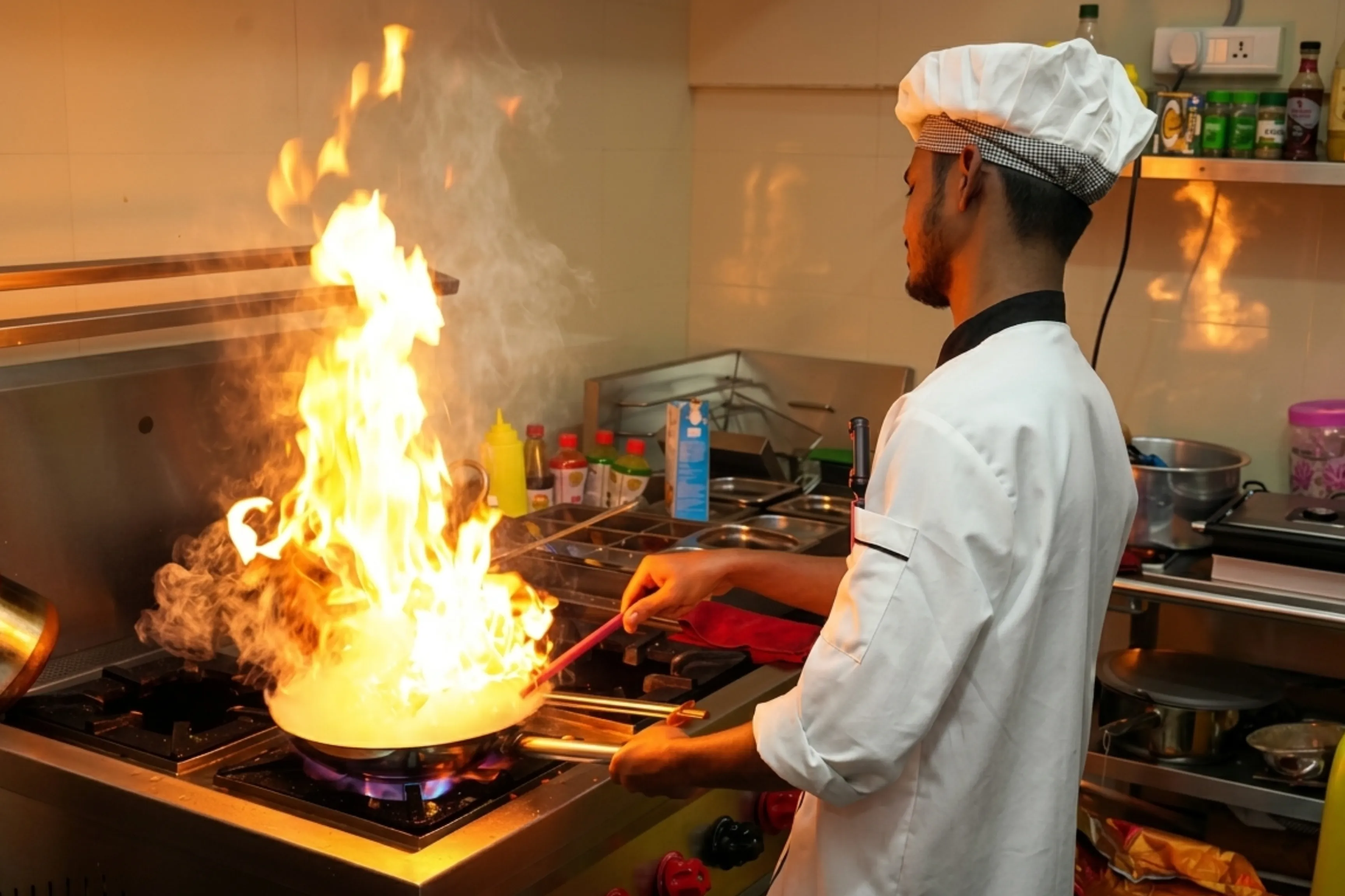 Game Xtreme chef preparing fresh food — flame cooking in the in-house kitchen