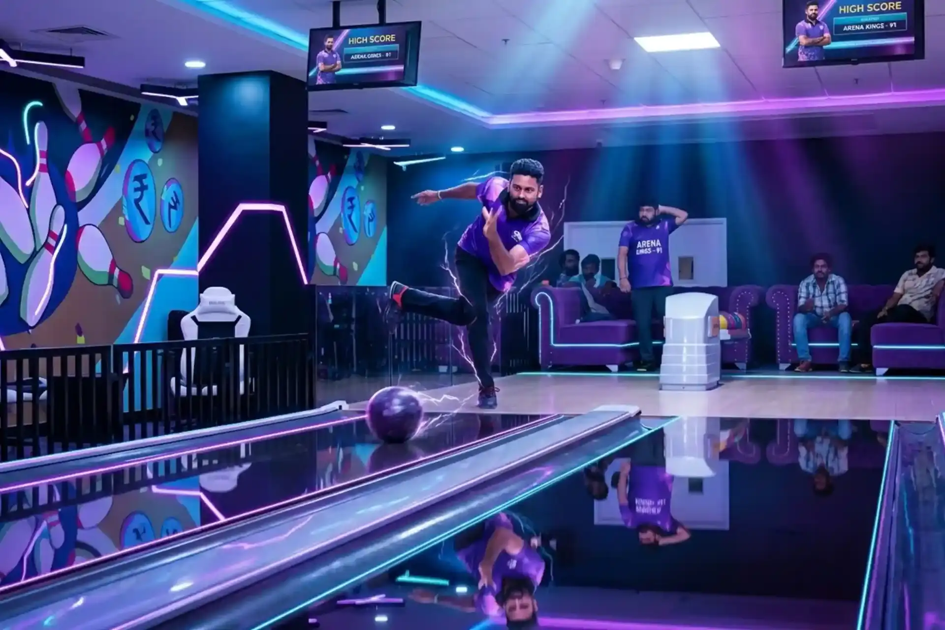 Bowler throwing on neon-lit interactive bowling lane at Game Xtreme Hyderabad