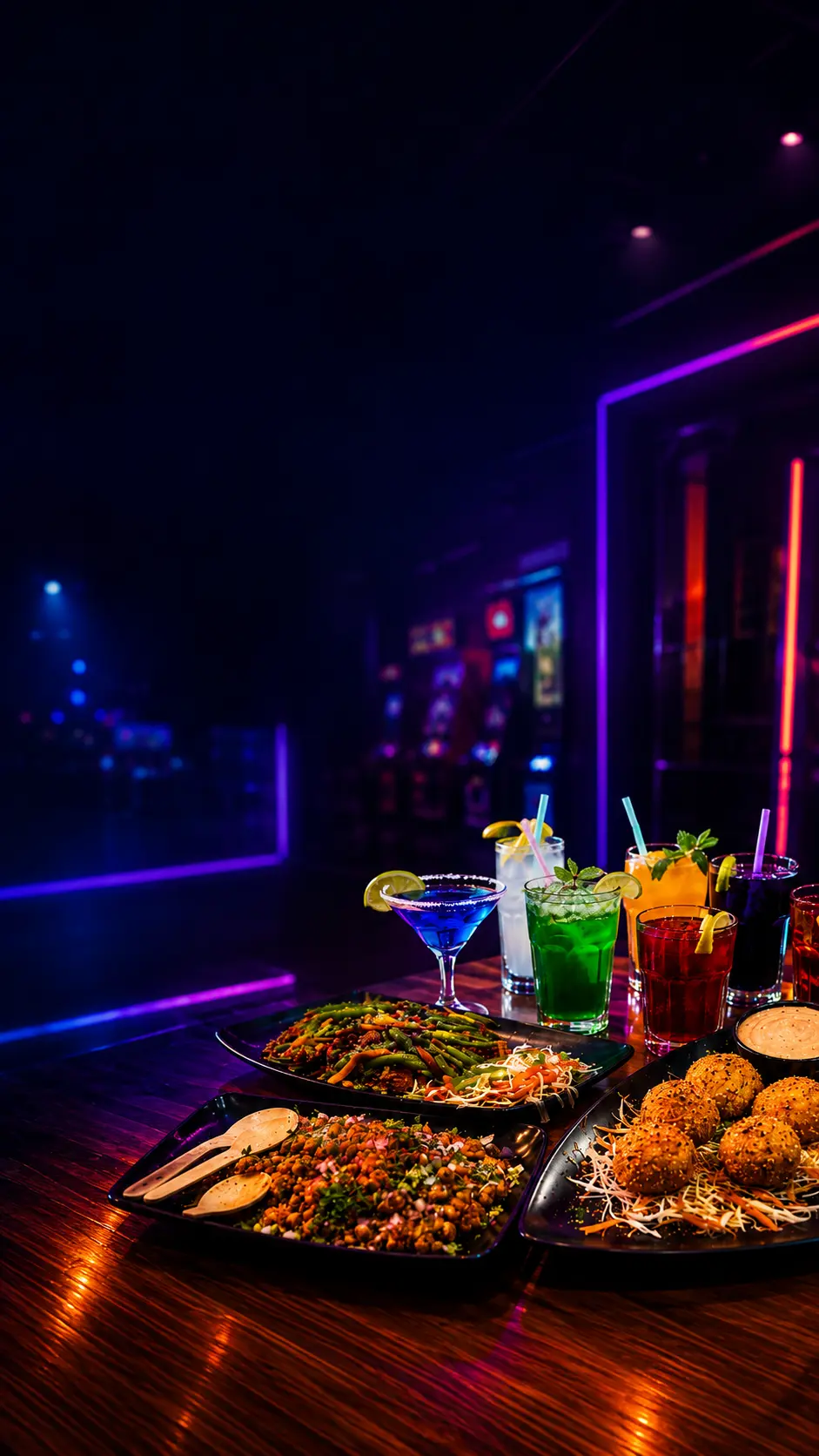 Game Xtreme food and mocktails spread with colourful drinks and starters in a neon-lit venue