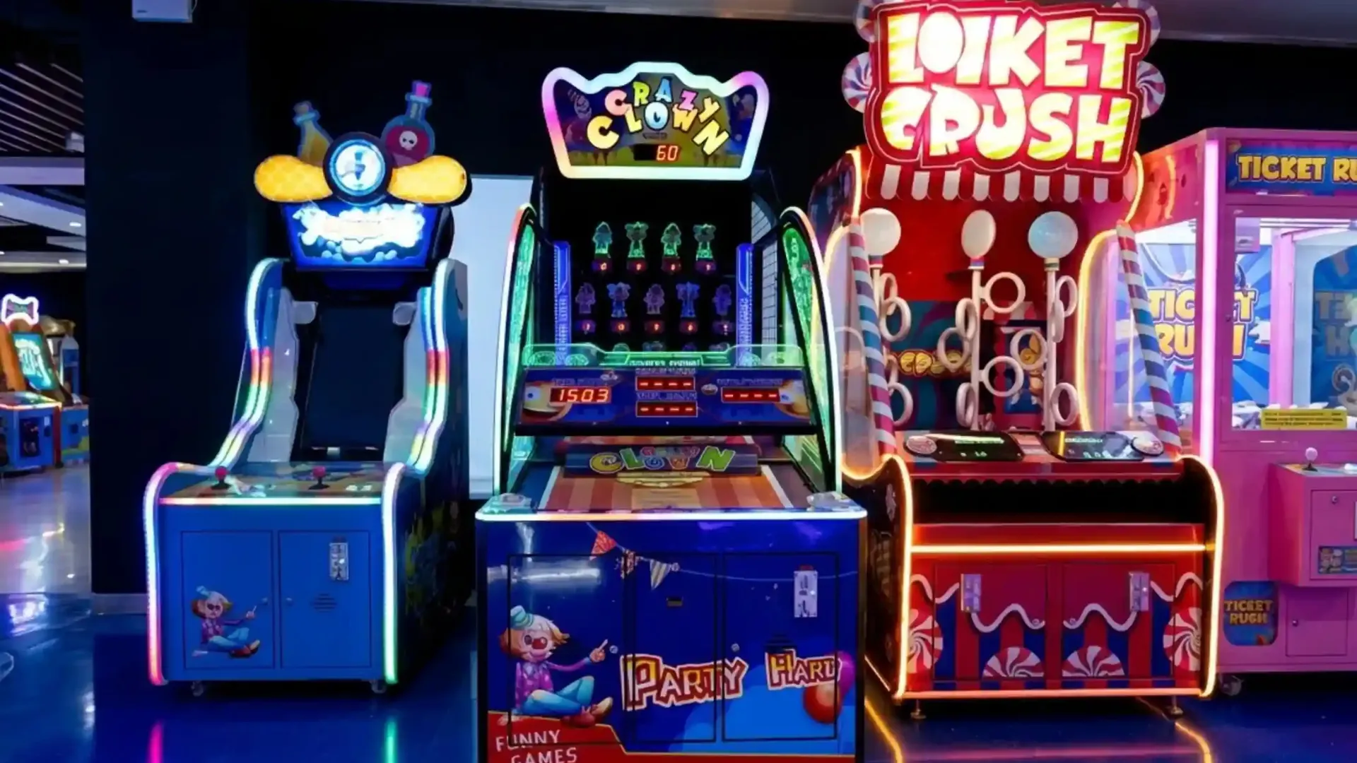 Colorful arcade game machines with neon lighting at Game Xtreme Hyderabad