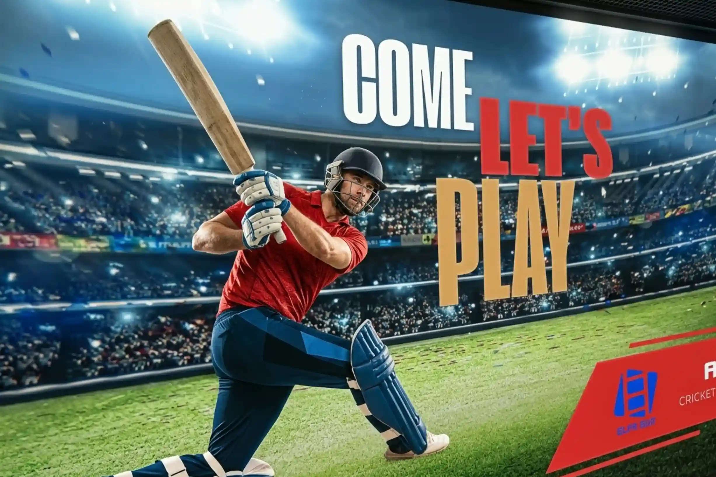Man facing projected cricket stadium in batting simulator at Game Xtreme