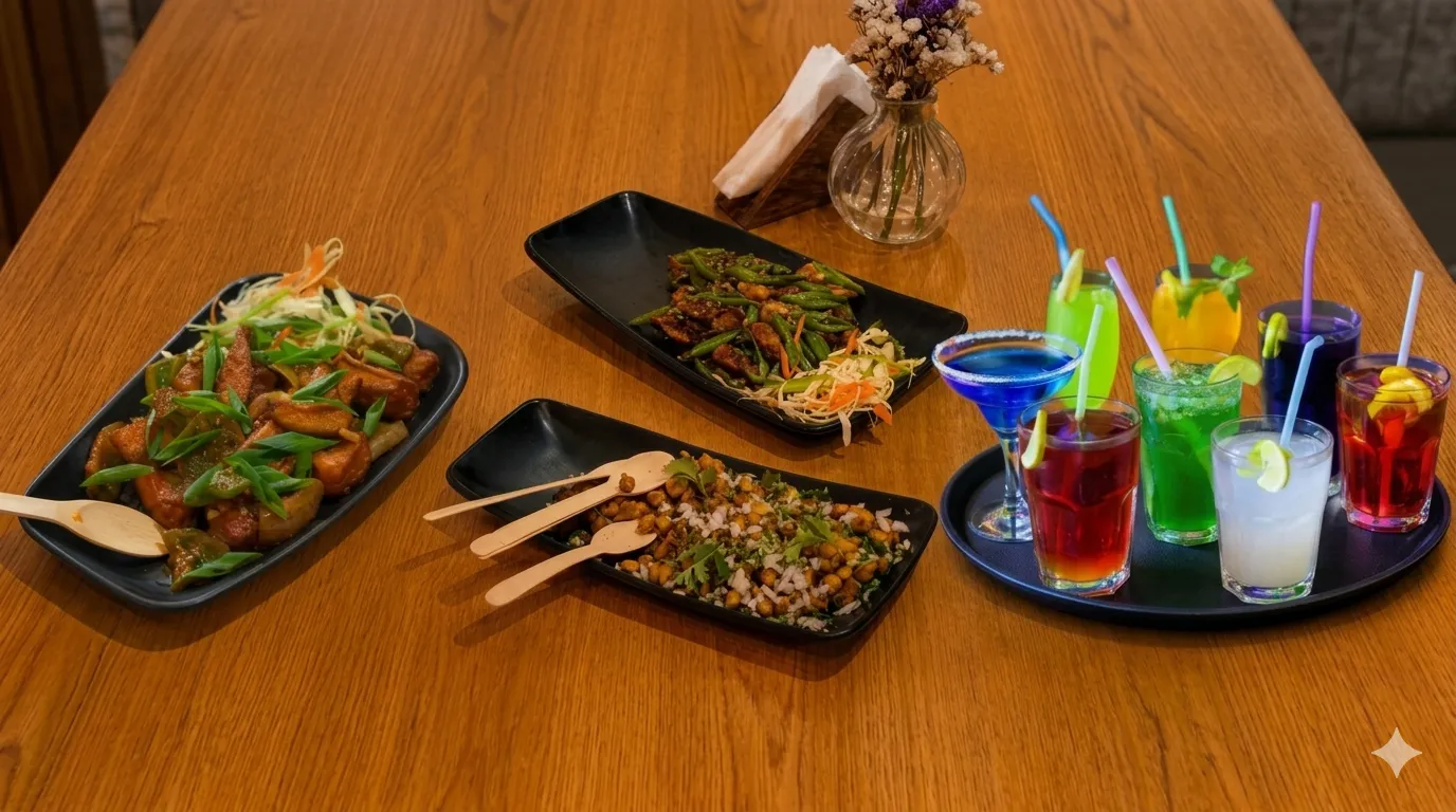 Colorful mocktails and paneer starter platters at Game Xtreme food counter