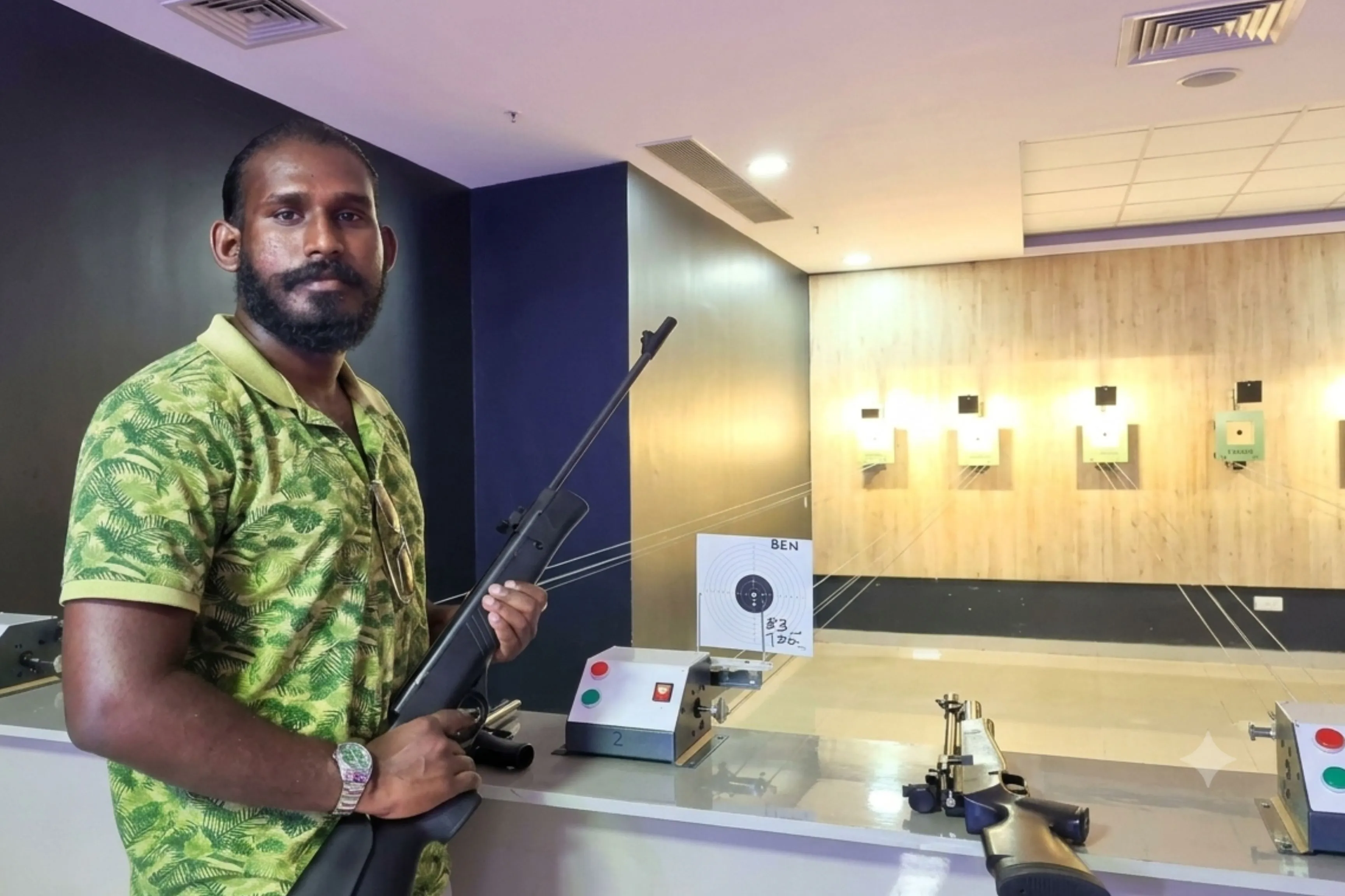 Neon-lit indoor air gun range at Game Xtreme Hyderabad