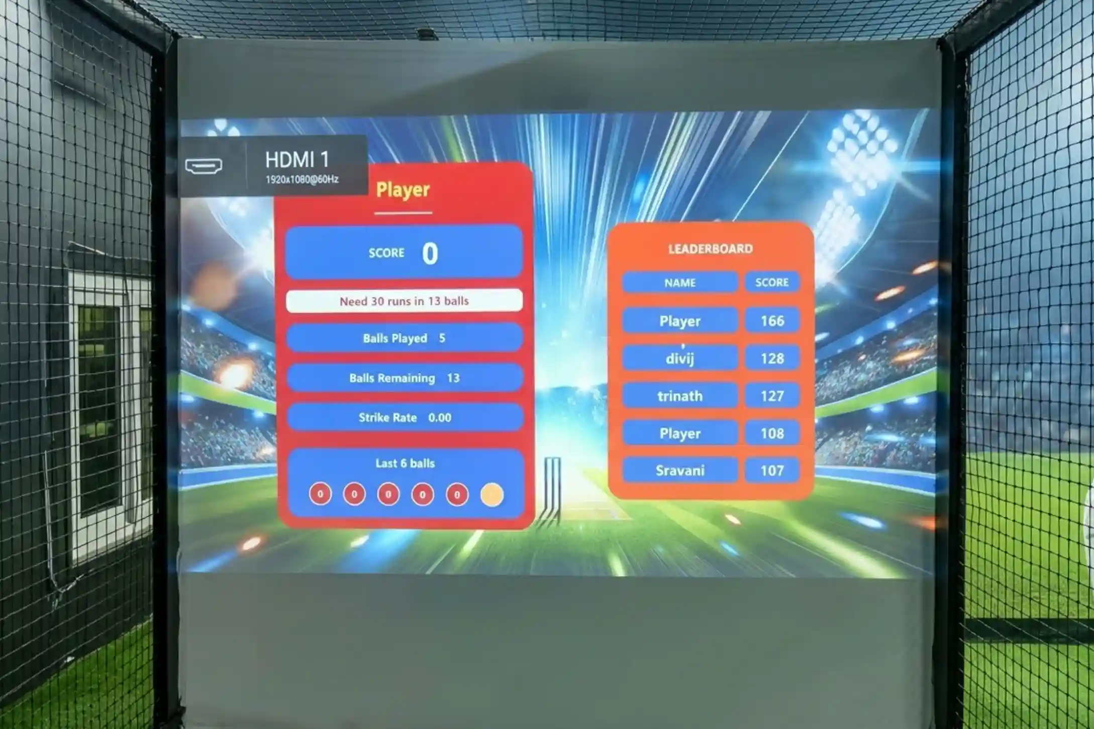 Cricket simulator scoring screen showing score, leaderboard, strike rate, and balls remaining at Game Xtreme